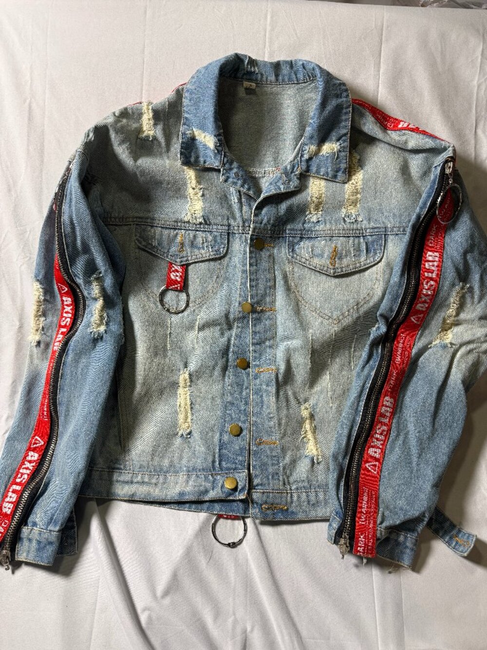 AXIS LAB Zipper Distressed Denim Jacket, Functional Arm Zippers Streetwear Sz S